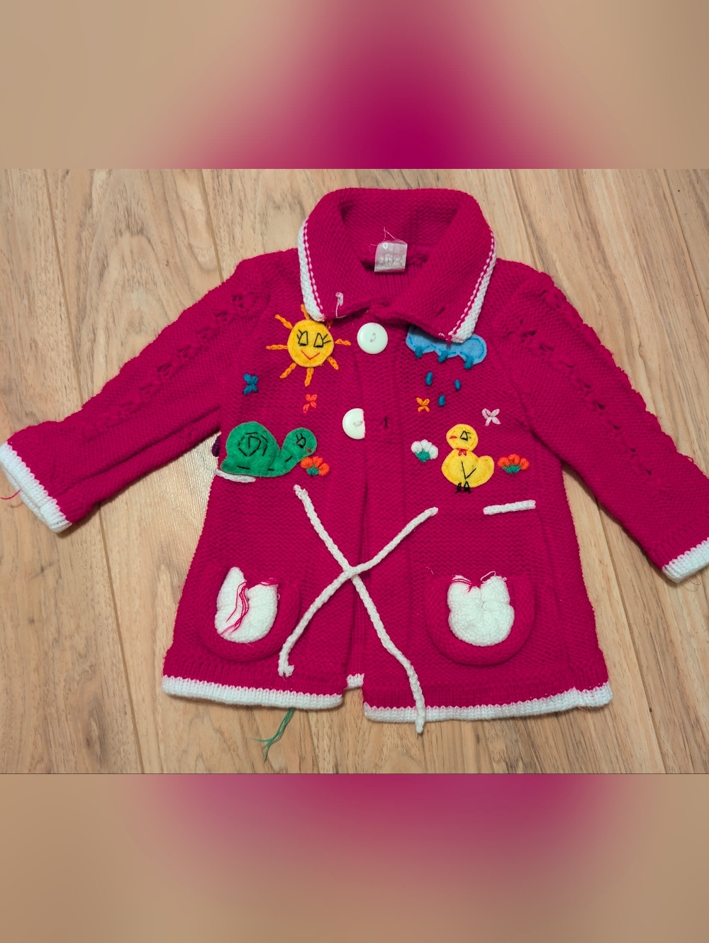Vintage Hand-Made Peru Baby Girl Knit Cardigan Fuchsia Pink Novelty 12-18M